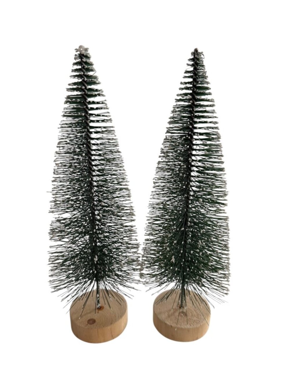 Snowy Bottle Brush Christmas Trees Pair 10 Inch Green Wood Base